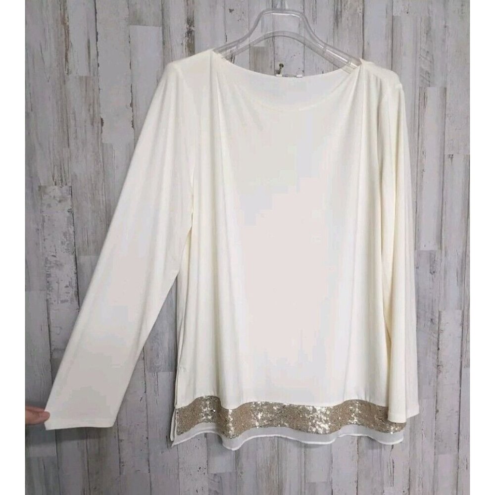 CATO XL Women's Blouse Ivory Gold Sequin Trim Business Casual 14 16